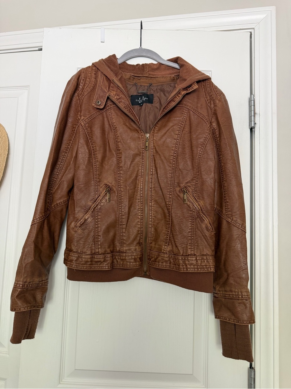 LA Coalition Brown leather jacket with hood, size M